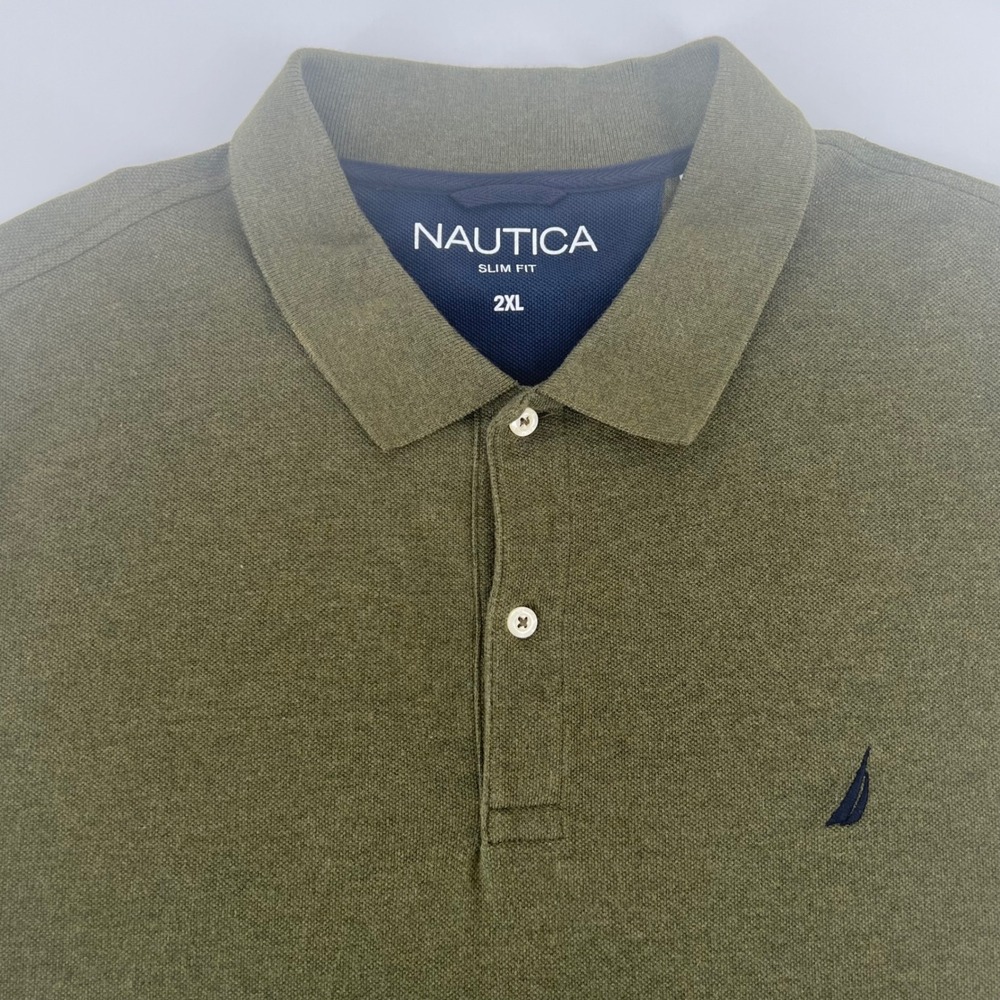 Nautica Polo Shirt Slim Fit Olive Green 2XL Mens Short Sleeve Cotton Pique Logo